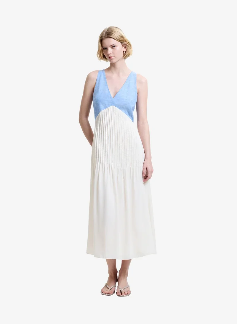 فرنش كونكشن Women's Mid Wash/Porcelain Colby Chambray Lace Mix Dress
