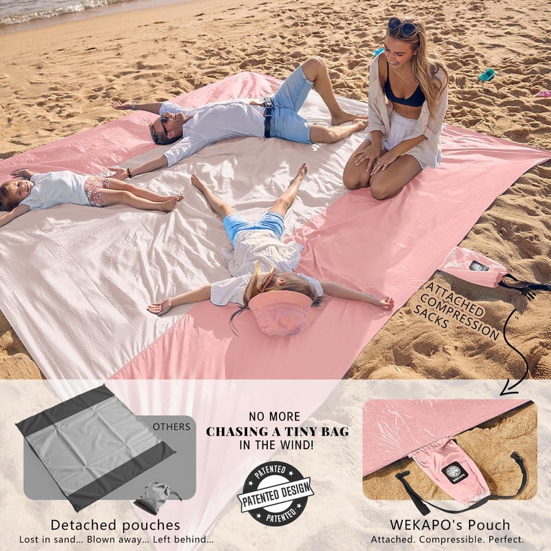 WEKAPO Beach Blanket Sandproof Waterproof, Extra Large Beach Mat, Oversized & Compact Sand Free, Quick Drying Beach Essentials for Vacation, Cruise, Picnic & Camping with Stakes (Pink, 9x7 FT) - Image 3