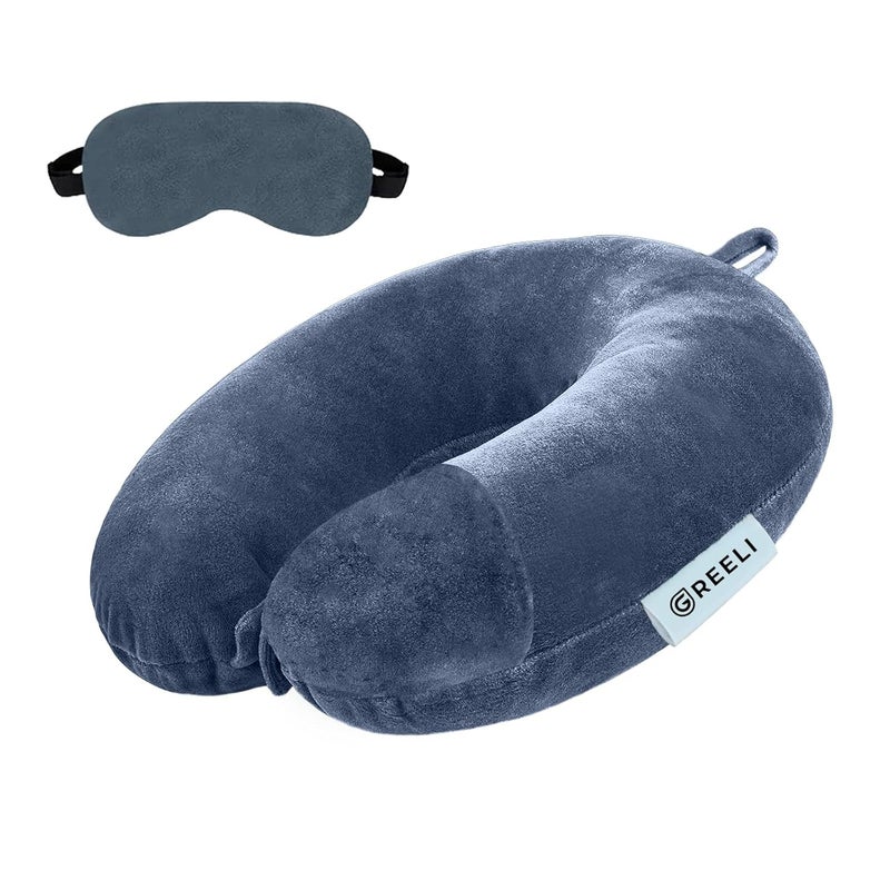 GREELI Cotton Blend Neck Pillow for Travelling Luxurious Airplane Travel Pillow Head Rest Neck Holder Pillow Combo with Premium Eye Mask & 5 Years Warranty, Grey - Image 1