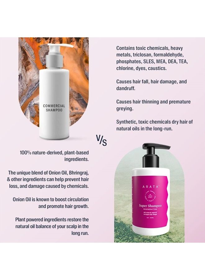 ARATA Regenerating 5-in-1 Super Shampoo | Ayurvedic Onion Oil, Bhringraj, Apple Cider Vinegar, Argan Oil | Reduces Hair Fall & Thinning With Aging | For Women & Men - 10 Fl Oz - Image 4