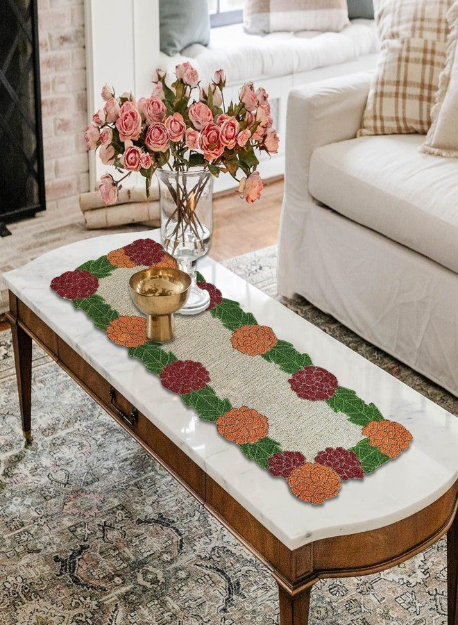 FliHaut Premium Handcrafted Beautiful Beaded Table Runner (12 x 35 x 0.25 inches) (Cream with Yellow & Maroon Flower Rect.Runner) - Image 2