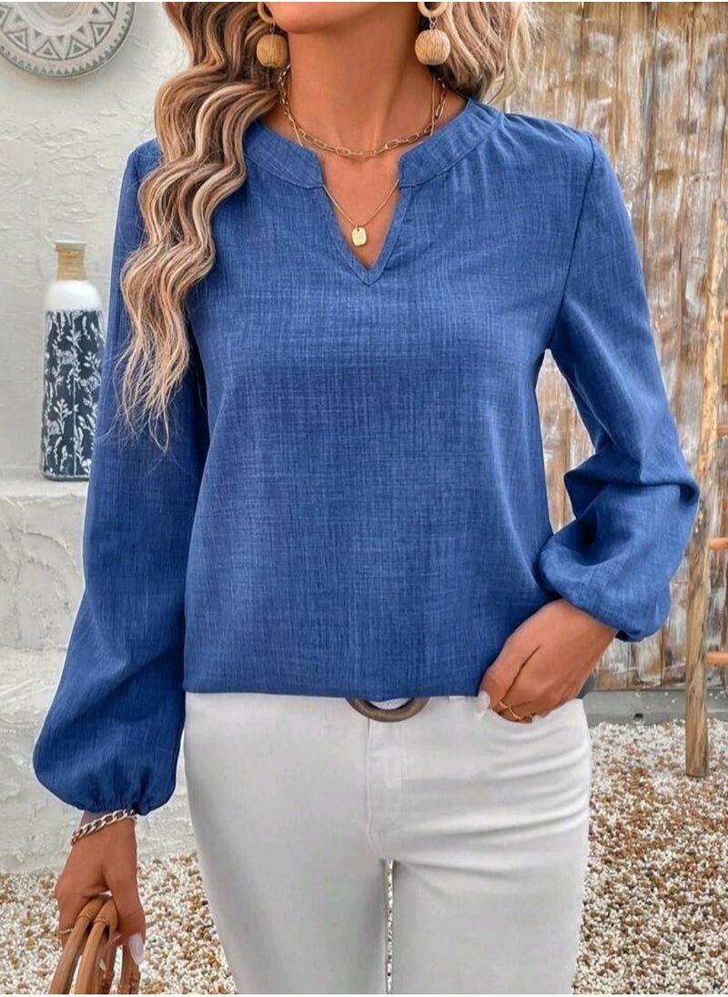 EMERY ROSE EMERY ROSE Women's Plain V-Neck Lantern Sleeve Casual Shirt For Blue Shirt Spring Clothes  - Image 3