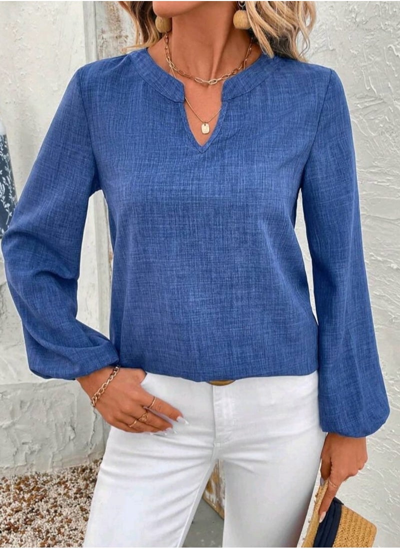 EMERY ROSE EMERY ROSE Women's Plain V-Neck Lantern Sleeve Casual Shirt For Blue Shirt Spring Clothes  - Image 1