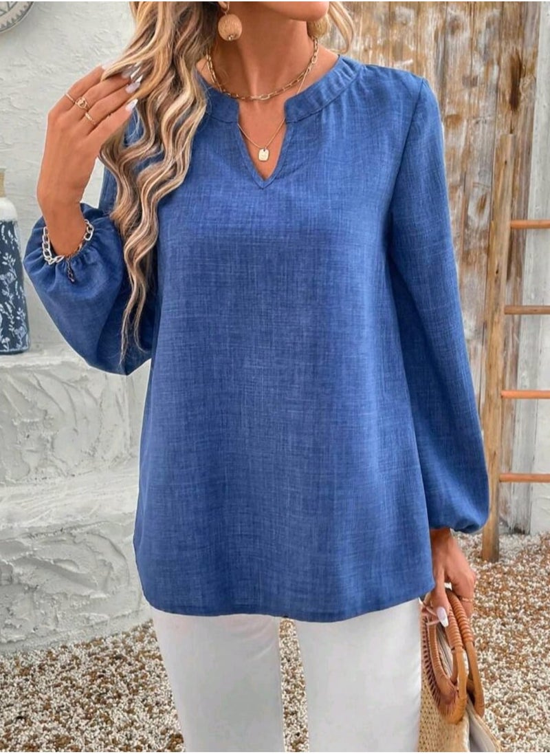 EMERY ROSE EMERY ROSE Women's Plain V-Neck Lantern Sleeve Casual Shirt For Blue Shirt Spring Clothes  - Image 2