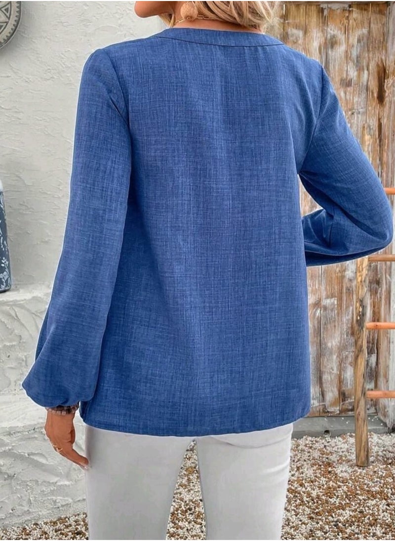 EMERY ROSE EMERY ROSE Women's Plain V-Neck Lantern Sleeve Casual Shirt For Blue Shirt Spring Clothes  - Image 4