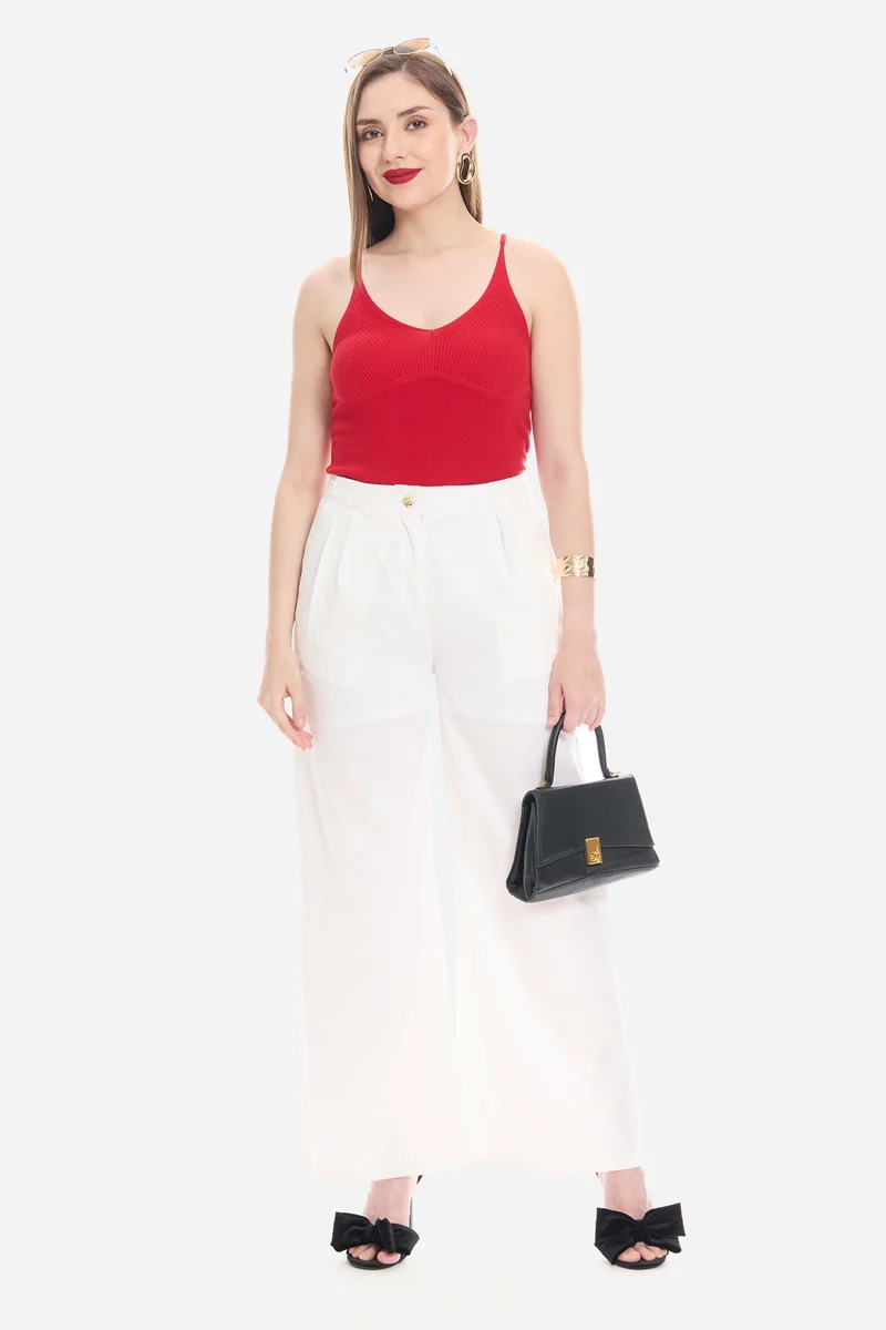 فيرجيو Solid Cotton Satin Pleated Wide Leg Pants for Women