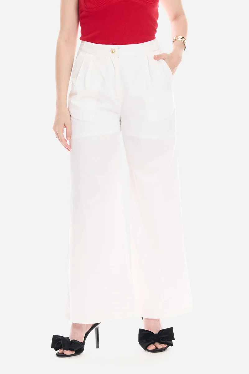 فيرجيو Solid Cotton Satin Pleated Wide Leg Pants for Women