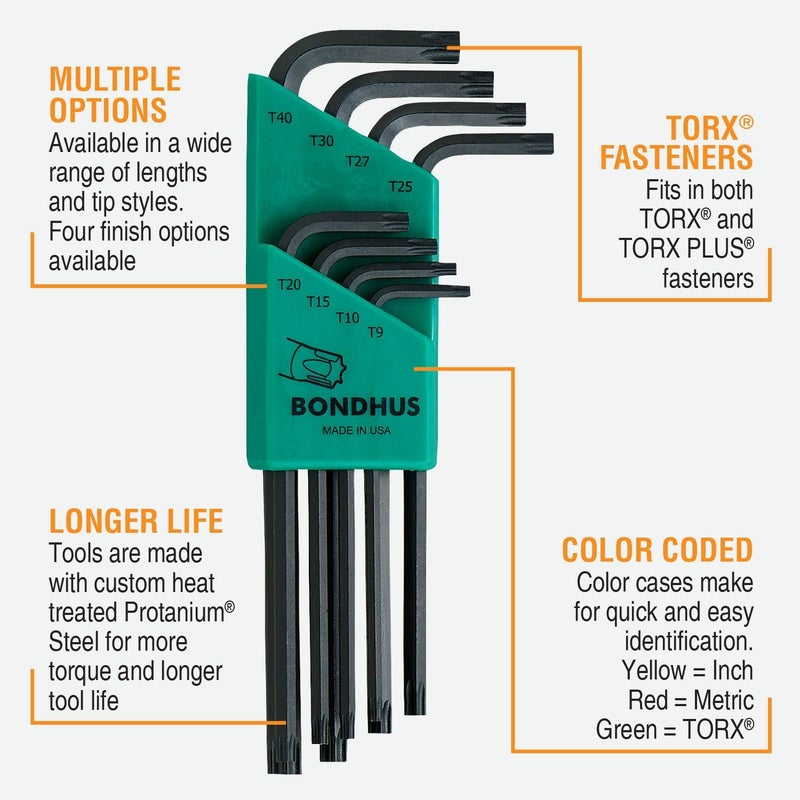 Bondhus 31834 Long Length Star-Tipped L-Wrenches Set, 8 Pieces (T9-T40) - Image 2