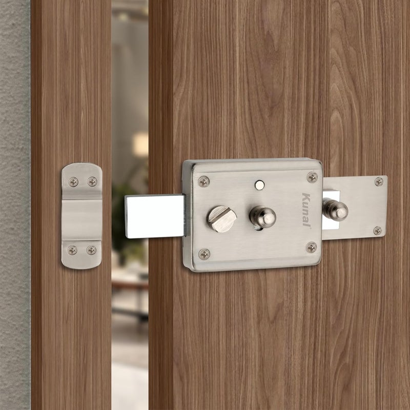 Kunal Inter Lock Main Door | Office | Bed Room Door Heavy Duty 4 Turn Lock with Locking Knob 3 Brass Ultra Keys Material - SS Finish - SS (Pack -1) (4 Turn) - Image 1