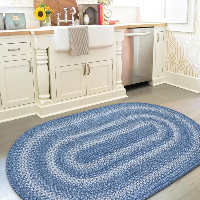 Homespice 27x45 Blue Oval Braided Rug Denim Blue and White Jute Oval Rug Uses Entryway Kitchen Rugs Bathroom Rugs Reversible Rustic Country Primitive Farmhouse Decor Rug