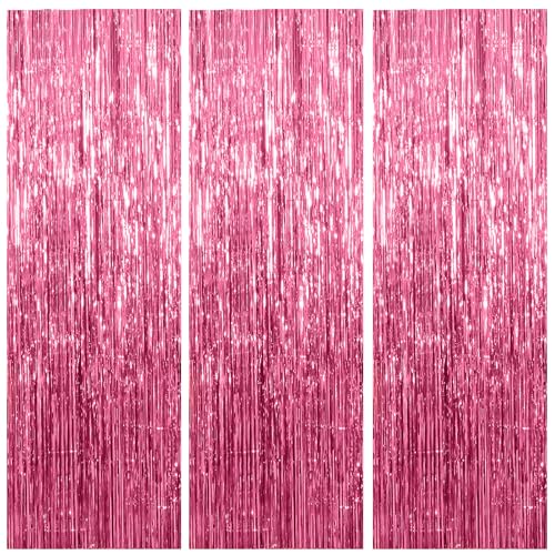 AMONE 3 Pack Pink Backdrop Birthday Party Decorations Tinsel Foil Fringe Curtains Backdrop Streamer Bachelorette Christmas Graduation Wedding Princess Pink Theme Party Decorations - Image 1