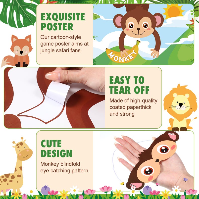Faccito Jungle Animal Games Pin The Tail on The Monkey Safari Animal Birthday Party Games with Monkey Poster 24 Pcs Tail Stickers and Blindfold for Safari Jungle Zoo Forest Party Decorations Supplies - Image 4