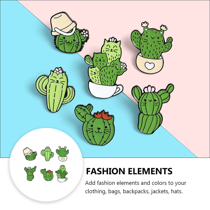 6Pcs Cartoon Cactus Oil Drop Brooch Lovely Cat Shaped Breastpin Mixed Style - Image 5