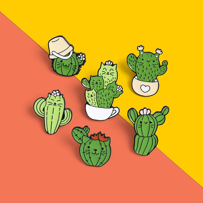 6Pcs Cartoon Cactus Oil Drop Brooch Lovely Cat Shaped Breastpin Mixed Style - Image 2