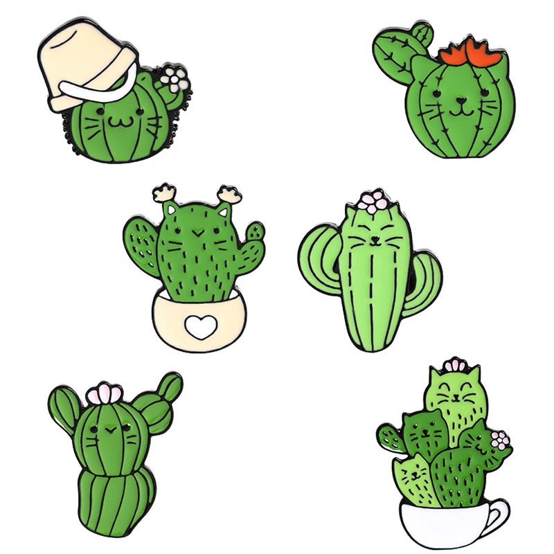 6Pcs Cartoon Cactus Oil Drop Brooch Lovely Cat Shaped Breastpin Mixed Style - Image 1