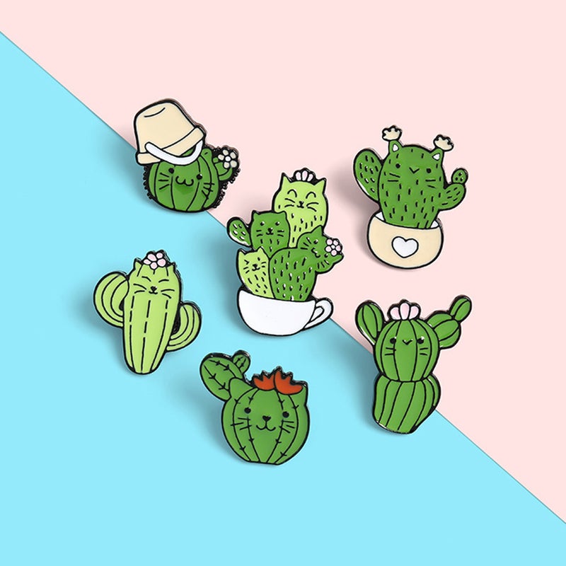 6Pcs Cartoon Cactus Oil Drop Brooch Lovely Cat Shaped Breastpin Mixed Style - Image 3