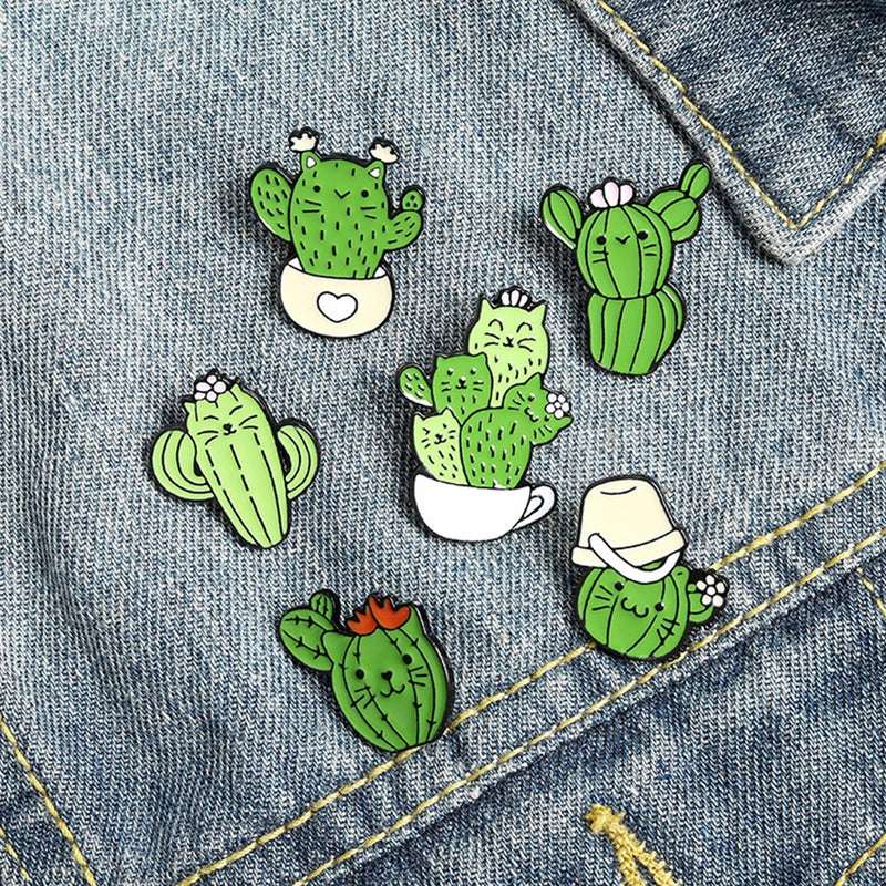 6Pcs Cartoon Cactus Oil Drop Brooch Lovely Cat Shaped Breastpin Mixed Style - Image 4