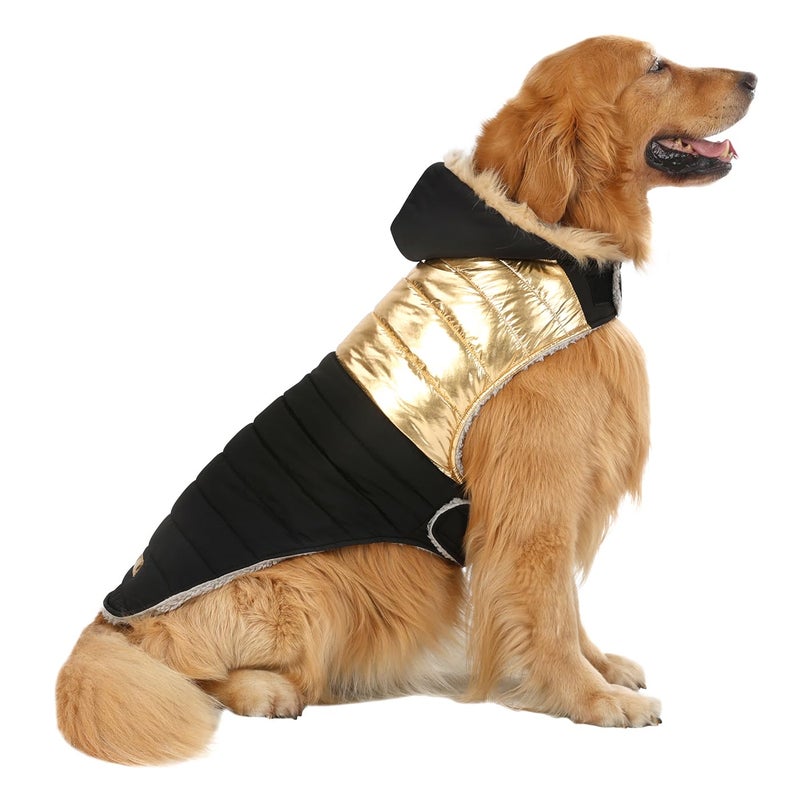 HDE Dog Puffer Jacket Fleece Lined Warm Dog Parka Winter Coat with Harness Hole 90s Black and Gold Metallic - XXL - Image 1