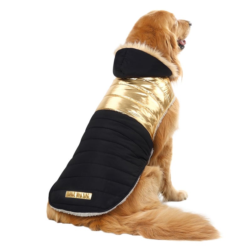 HDE Dog Puffer Jacket Fleece Lined Warm Dog Parka Winter Coat with Harness Hole 90s Black and Gold Metallic - XXL - Image 2
