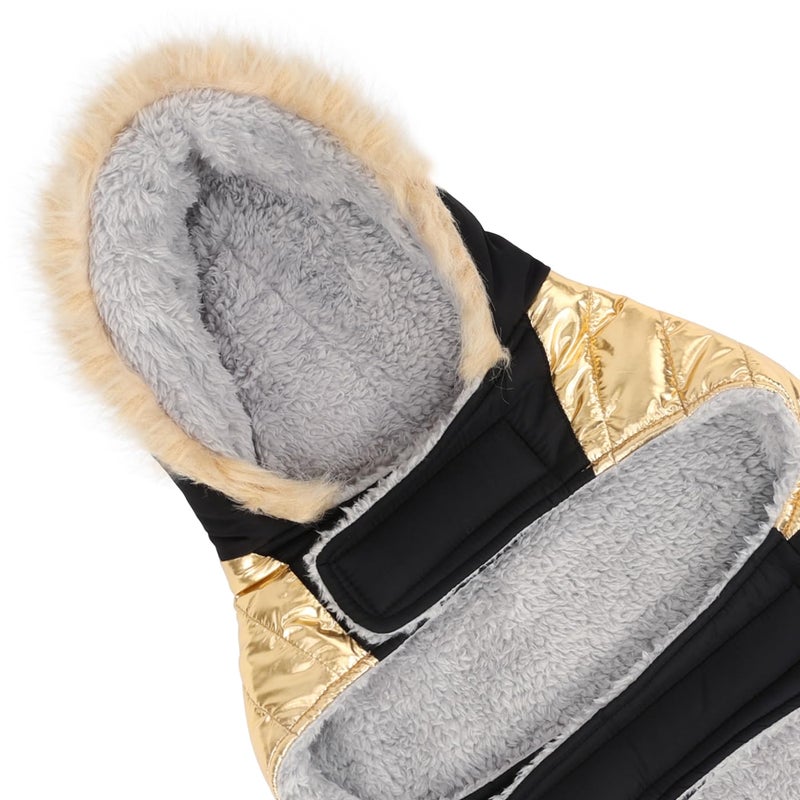 HDE Dog Puffer Jacket Fleece Lined Warm Dog Parka Winter Coat with Harness Hole 90s Black and Gold Metallic - XXL - Image 4