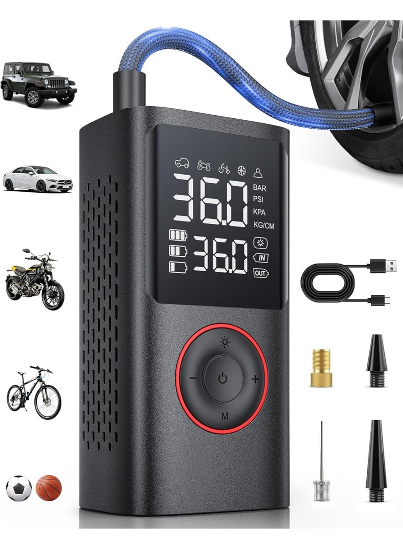 Portable Tire Air Compressor, 150PSI Cordless Bike Pump, Car Motorcycle Bike Air Pump Balls with Pressure Gauge, LED Light and Accessories - Image 1