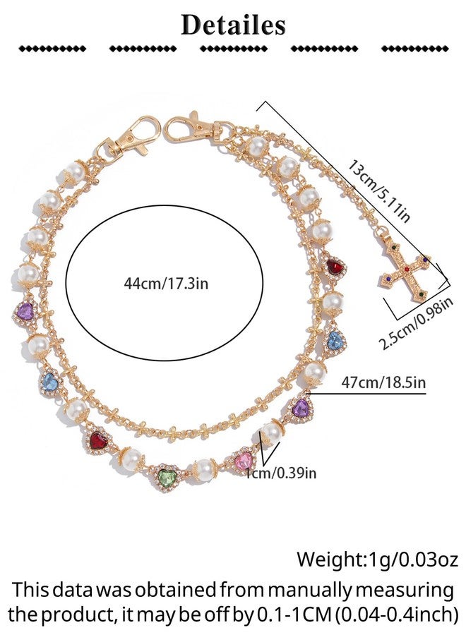 QWALIT Dainty Gold Cross Pants Chain for Men Trendy Pearl Jean Chains for Women Gold Biker Wallet Pocket Chain for Pants Colorful Heart Rhinestone Jean Chains Punk Hip Party Music Festival Accessories - Image 5