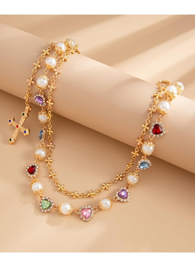 QWALIT Dainty Gold Cross Pants Chain for Men Trendy Pearl Jean Chains for Women Gold Biker Wallet Pocket Chain for Pants Colorful Heart Rhinestone Jean Chains Punk Hip Party Music Festival Accessories - Image 4