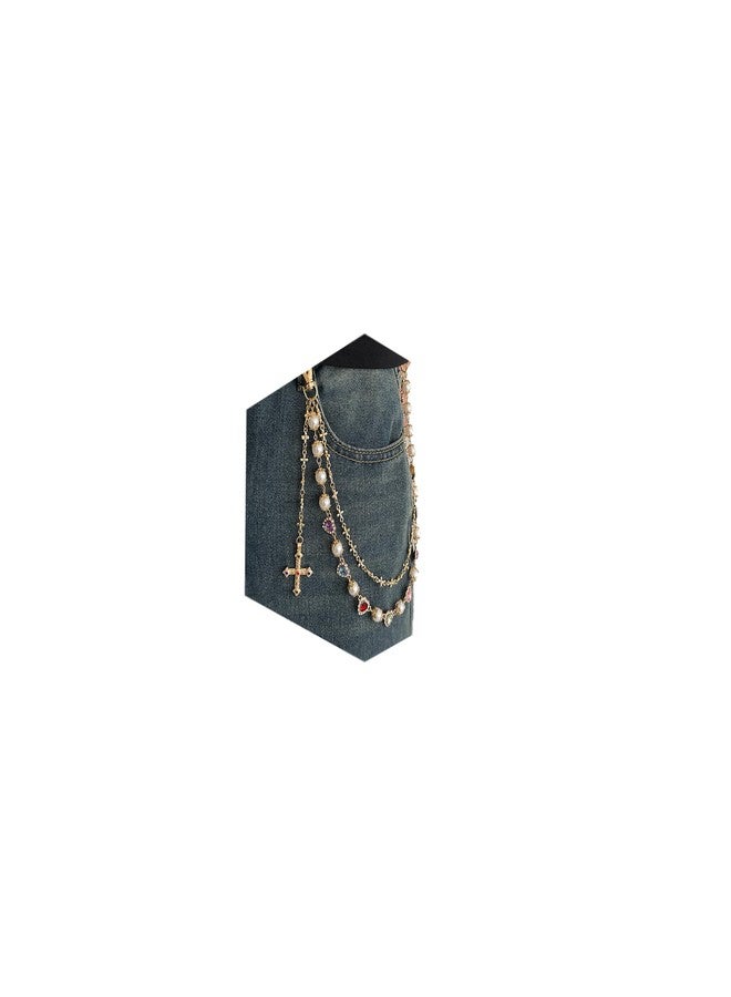QWALIT Dainty Gold Cross Pants Chain for Men Trendy Pearl Jean Chains for Women Gold Biker Wallet Pocket Chain for Pants Colorful Heart Rhinestone Jean Chains Punk Hip Party Music Festival Accessories - Image 1