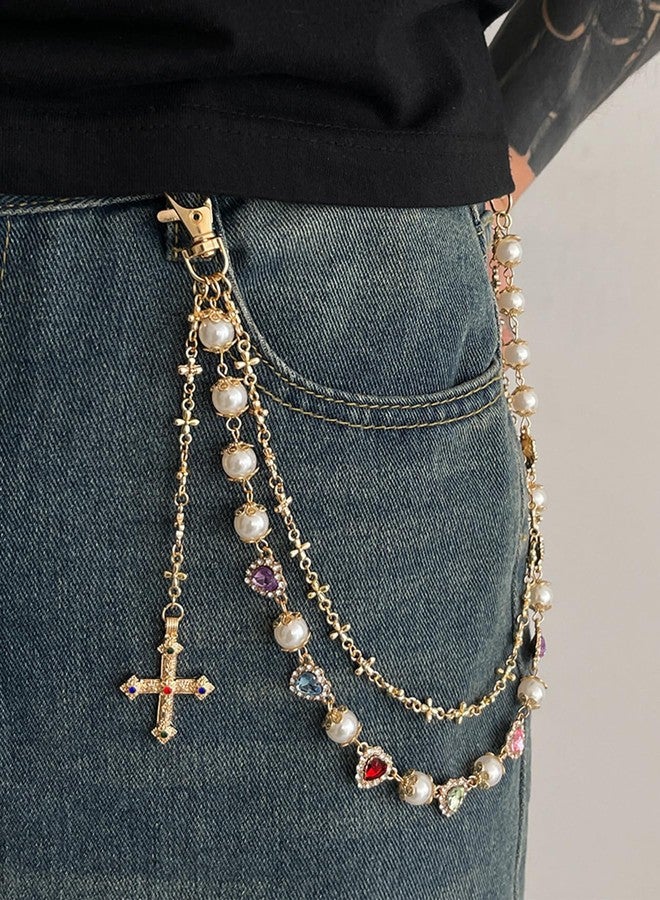 QWALIT Dainty Gold Cross Pants Chain for Men Trendy Pearl Jean Chains for Women Gold Biker Wallet Pocket Chain for Pants Colorful Heart Rhinestone Jean Chains Punk Hip Party Music Festival Accessories - Image 2