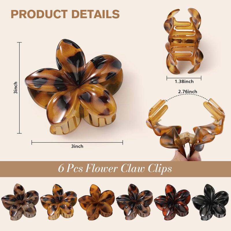 Interesse 6 PCS Flower Hair Clips for Women, Hawaiian Flower Claw Clips for Thick Thin Hair, Cute Daisy Jaw Clips, Strong Hold Non Slip Hair Accessories for Girls Holiday Gifts (Tortoise, Black) - Image 2