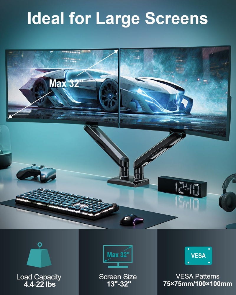 MOUNT PRO Dual Monitor Desk Mount, 13-32 inch Adjustable Gas Spring Monitor Arm, Computer Display Stand Holder with Clamp and Grommet Base, Fits 4.4 to 22lbs Screens, VESA Mount Bracket, Black, Freelift Pro - Image 2