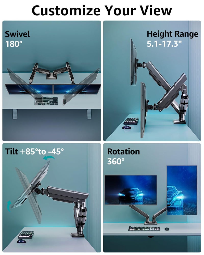 MOUNT PRO Dual Monitor Desk Mount, 13-32 inch Adjustable Gas Spring Monitor Arm, Computer Display Stand Holder with Clamp and Grommet Base, Fits 4.4 to 22lbs Screens, VESA Mount Bracket, Black, Freelift Pro - Image 5