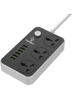 Captaintech 3 Way Power Strips Extension Cords | Adapter Extension 6 USB Charging Ports | 3 Universal Plugs Power Strip With 2 Metres Surge Protection Cable Extension Black/Grey 150x97x30mm  - Image 1