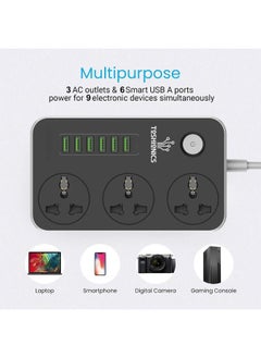 Captaintech 3 Way Power Strips Extension Cords | Adapter Extension 6 USB Charging Ports | 3 Universal Plugs Power Strip With 2 Metres Surge Protection Cable Extension Black/Grey 150x97x30mm  - Image 2