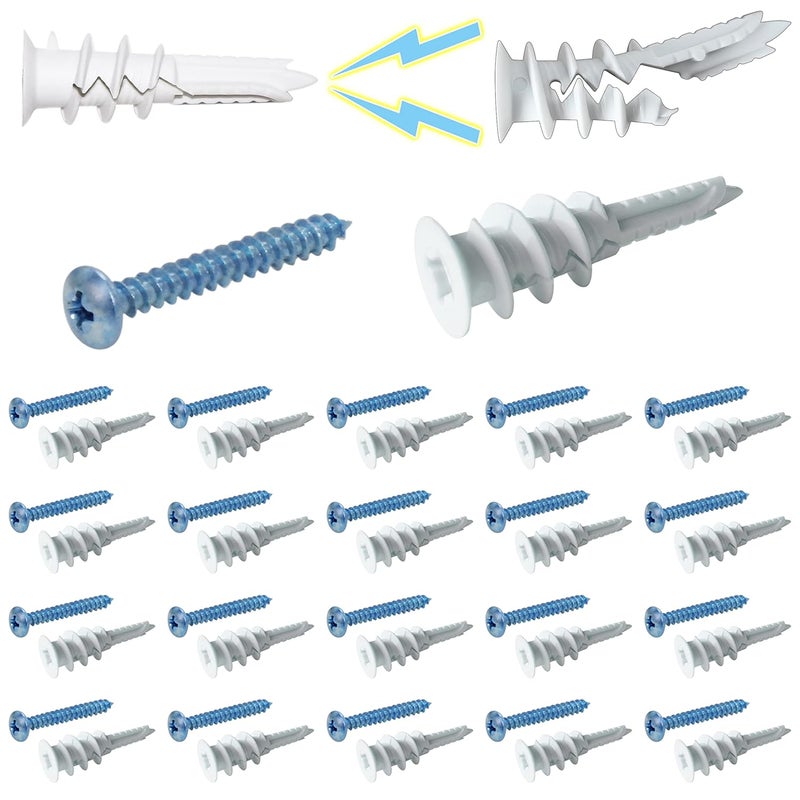 Ansoon #8 Self Drilling Plastic Drywall Anchors with Screw kit, 20 Self-Tapping Nylon Wall Anchors + 20#8 x 1-1/4'' Screws, 75LBS Hanging and Mounting (Nylon-20) - Image 1