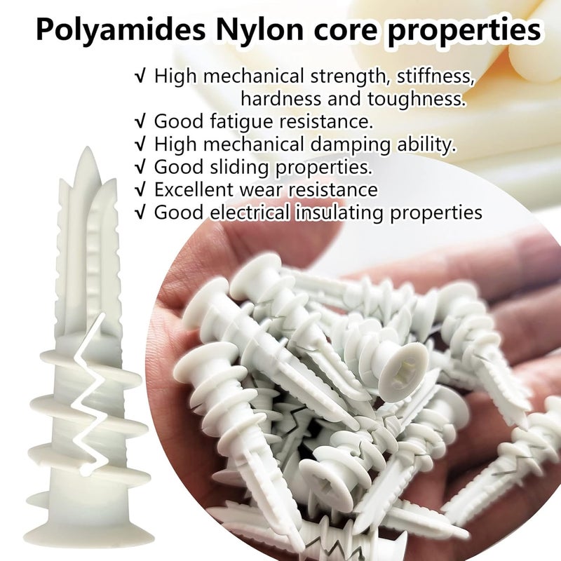 Ansoon #8 Self Drilling Plastic Drywall Anchors with Screw kit, 20 Self-Tapping Nylon Wall Anchors + 20#8 x 1-1/4'' Screws, 75LBS Hanging and Mounting (Nylon-20) - Image 2