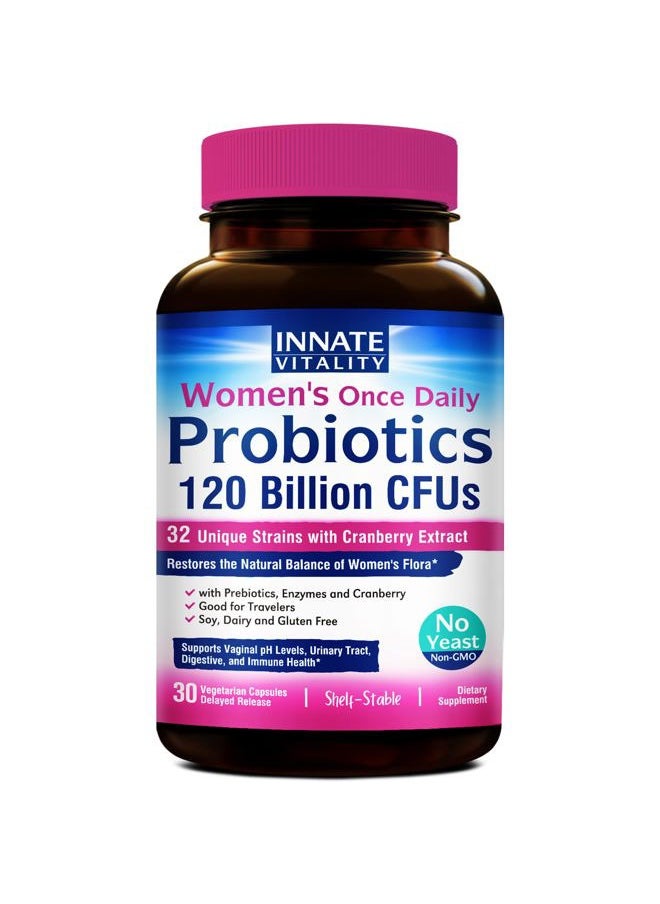 Innate Vitality Women's Probiotics, 120 Billion CFU, 32 Tested Strains, Probiotics for Women, Yeast Control, Vaginal pH Support, Prebiotics, Digestive Enzymes, Cranberry, Once Daily 30 Veggie Capsules  - Image 1