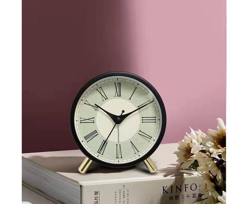 XELYTON Round Alarm Clock EasytoRead Dial Roman Numbers Round Silent Analog DeskTable Clock NonTicking with Night LED Light Simple Design Alarm Clock
