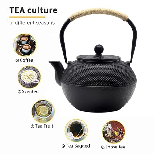 YJX 40.6oz Cast Iron Teapot, Japanese Tetsubin Tea Kettle for Stovetop Safe, Black Cast Iron Tea Kettle with Tea strainer for Loose and a Fully Enameled Interior (1200ml) - Image 3