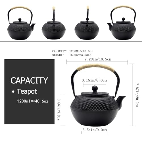 YJX 40.6oz Cast Iron Teapot, Japanese Tetsubin Tea Kettle for Stovetop Safe, Black Cast Iron Tea Kettle with Tea strainer for Loose and a Fully Enameled Interior (1200ml) - Image 5