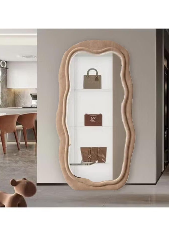 مرآة تزين بتصميم موجي غير منتظم على شكل سحابة، مرآة مكياج منزلية، مرآة أرضية للمتاجر، مرآة قياس للمنازل (لون بني قهوي) - Image 3