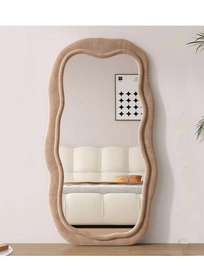 مرآة تزين بتصميم موجي غير منتظم على شكل سحابة، مرآة مكياج منزلية، مرآة أرضية للمتاجر، مرآة قياس للمنازل (لون بني قهوي) - Image 1
