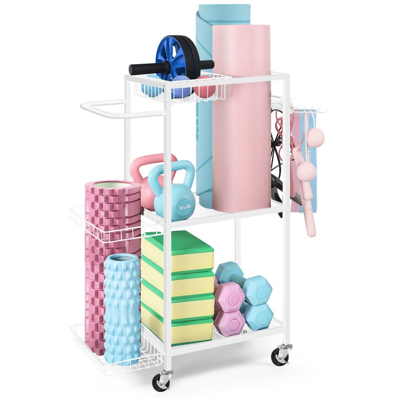 LIANTRAL Yoga Mat Storage Rack Metal Gym Organizer for Yoga Mats Foam Rollers Fitness Equipment Space Saving Workout Equipment Storage Rack for Home Exercise and Fitness Gear White
