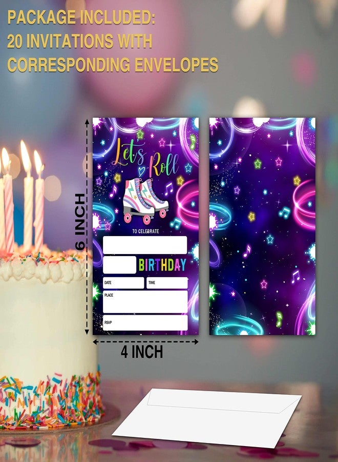 YQV Birthday Invitations, 4"x6" Neon Roller Skating Birthday Party Invitations with Envelopes for Neon Glow Skate Party Decorations Supplies(20 Pieces)-C08 - Image 4