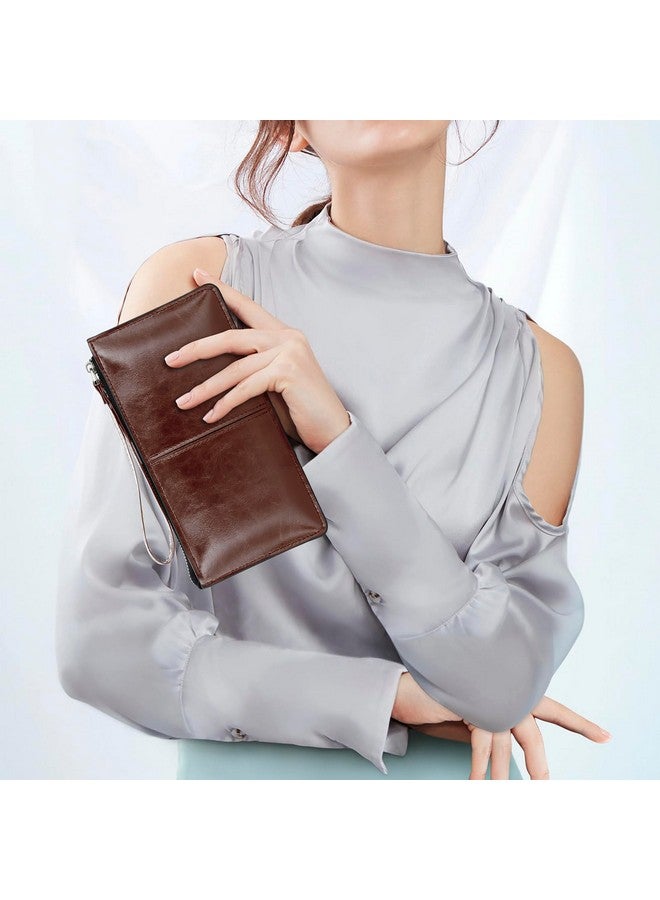 DOB SECHS Small Leather Wristlet Bag Clutch Wallet for Women Cell Phone Purses Handbags Pouch Bags with Card Slots, Brown - Image 1