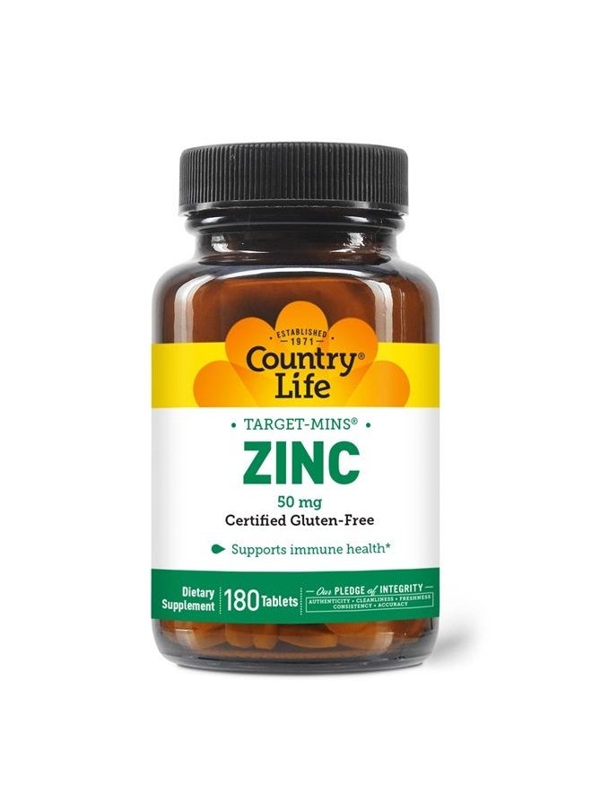 Zinc 50mg, Target Mins, 180 Tablets, Certified Gluten Free, Certified Vegetarian