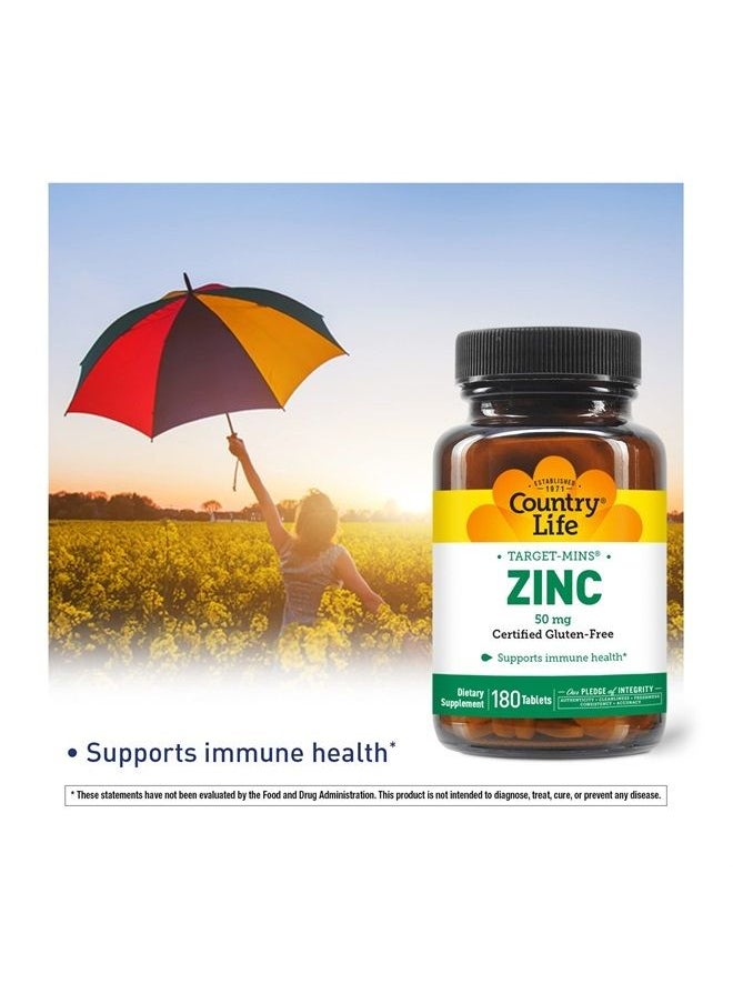 Zinc 50mg, Target Mins, 180 Tablets, Certified Gluten Free, Certified Vegetarian