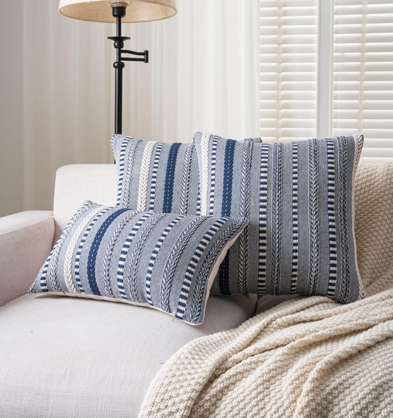 Cethom Boho Throw Pillow Covers 12x20 Inch Set of 2, Farmhouse Decorative Couch Pillow Cases, Navy Blue Accent Pillows of Bed, Sofa Bedroom Living Room Home Decor Cushion Cover - Image 2