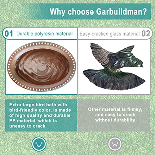 Garbuildman Extra-Large Freestanding Birdbaths Bowl, Detachable Decoration Spa with Metal Stake Stand & Birdfeeder for Outdoor Garden, Oval Style, Chocolate - Image 5