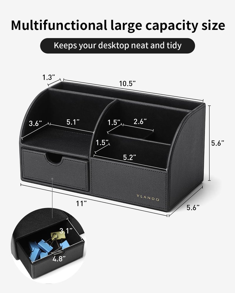 Vlando Desk Organizer with Drawer, Back to School Supplies - 5 Compartment Desktop Storage Holder with Organizer Section for Desk Accessories (Black) - Image 3